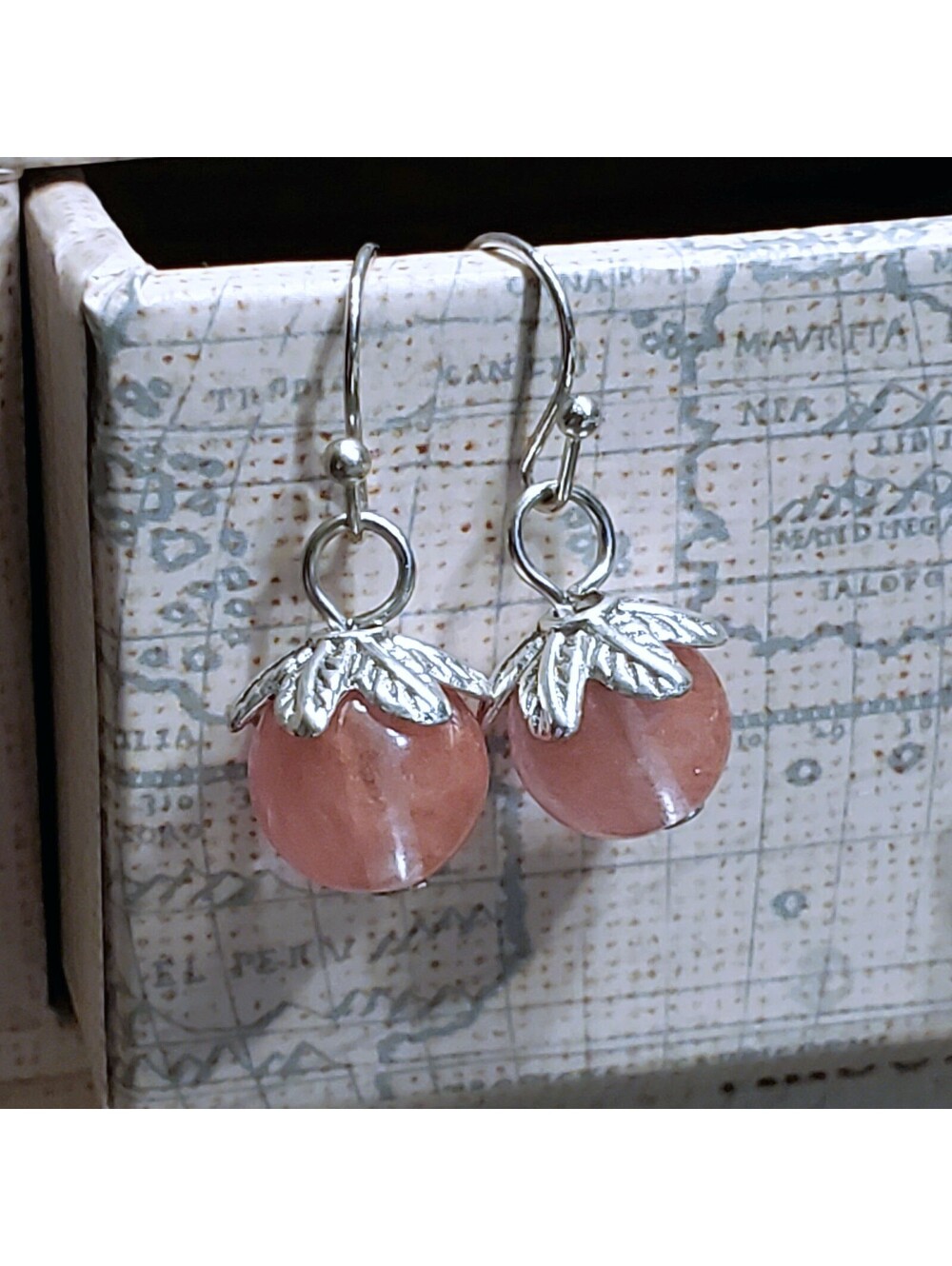 Cherry Quartz Gemstone Dangle Silver Platinum Plated Artsy Leaf Capped Earrings - Picture 1 of 11